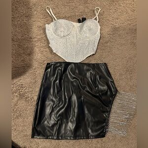 Rhinestone shirt and leather skirt